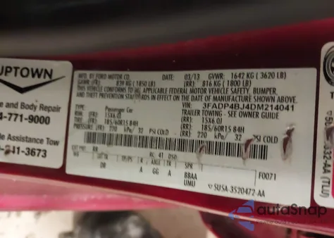 2013 Ford Fiesta Se z USA, uszkodzony, nr VIN 3FADP4BJ4DM214041